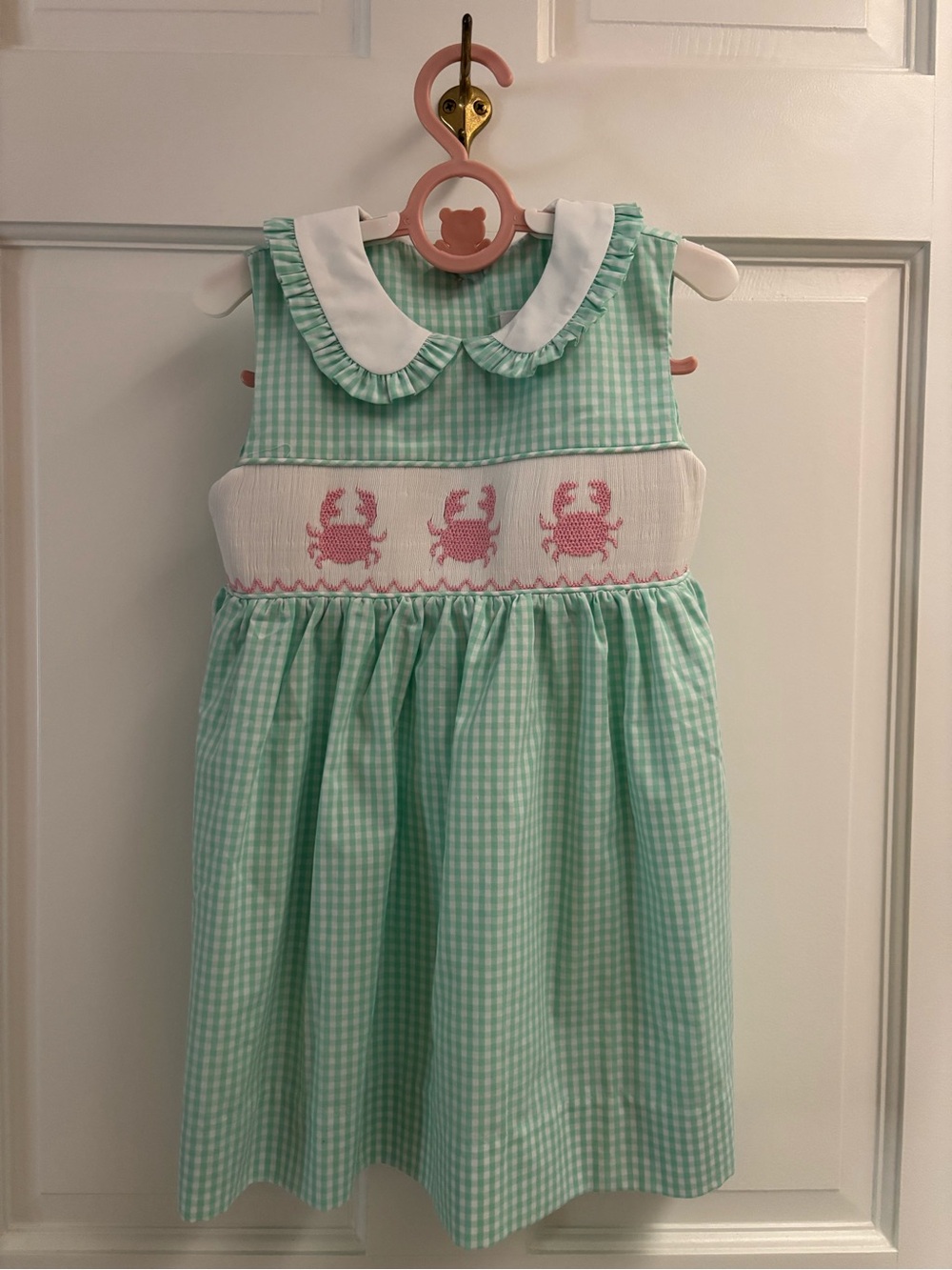 Stitchy Fish Gingham Smocked Dress with Pink Crab Motif